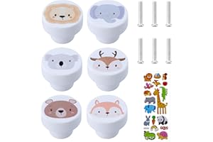 EASYKEENECOM 6 sztuk drewnianych gałek do szuflad dla dzieci ze śrubami, 35 mm okrągłe gałki do szafek do sypialni, uchwyt meblowy w kształcie zwierzęcia, drewniana rączka biała klamka do drzwi dla dzieci