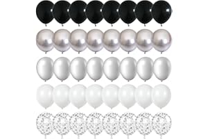 GOVPY Schwarz und Silber Luftballons, 60 Stück 12 Zoll Schwarz Weiß Metallic Silber Luftballons, Schwarz Silber Geburtstag Luftballons mit Silber Konfetti Ballons für Hochzeit Babyparty Halloween Party