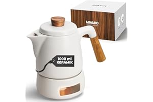 ‎MIAMIO MIAMIO - Teekanne mit Stövchen Set / 1L / 1000 ml Tee Kanne mit Siebeinsatz und Deckel für losen Tee - Geschenk für Damen/Teeliebhaber (Weiß)