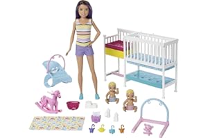 Barbie Famille Coffret Chambre des Jumeaux, poupée Skipper Baby-Sitter aux Cheveux châtains, 2 Figurine d'enfants et Accessoires, Jouet pour Enfant, GFL38