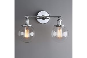 Phansthy Modern Wall Light Fixtures with Globe Glass Shade 2 Lights Wall Sconces Lighting Switched Indoor Retro Rustic Wall Lamps for Living Room Dining Room Bedroom Vanity Mirror (Chrome)