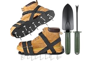 KAIYOCA Lawn Aerator Shoes, Grass Aerator Shoes for Self Levelling Floor with 2pcs Metal Shovel, Upgrade Adjustable X-cross Hook Loop Straps, Spike Shoes Soil Aerator Tool for Yard Patio Lawn Garden