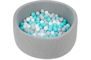 BABYLO Babyzee Kids Foam Ball Pit includes 200 Balls, Kids Ball Pool, Ball Pit 90cmx30cm - Light Grey, Balls 6cm Diameter - Blue, Grey & White