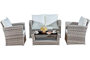 YAANGAGPE 4-Piece Rattan Garden Furniture Set with Glass Coffee Table, Double Loveseat & 2 Chairs with White Back & Seat Cushions, Outdoor Furniture- Modern PE Wicker Design for Conservatory, Balcony & Poolside