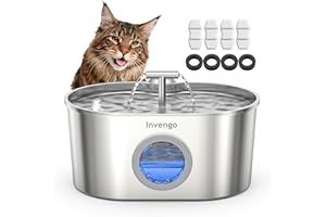Fuente para Gatos Acero Inoxidable Invengo: Dispensador Automático de 2,2 L para Gatos y Perros, Fuente Silenciosa para Felinos con Filtro de 5 Capas, Salidas de Agua Dobles- 4 Filtros + 4 Esponjas