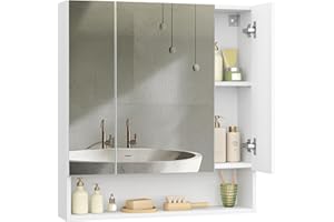 VASAGLE Kailyn Colección - Armario de Baño con Puertas, Armario de Pared con Espejo, Compartimento Abierto, Estantes Ajustables, 16,5 x 70 x 75 cm, Blanco Nube BBK129W01