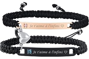 GAMTIC 2PCS Bracelets Couple Amoureaux Personalisés - Bracelet Réglable en Cordon Tressé Acier Inoxydable Zircon Cristal Bracelet avec Gravure Bracelets d'Amitié