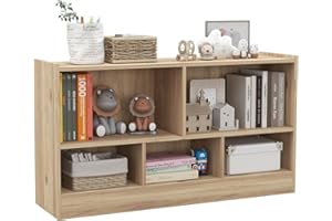 KOMFOTTEU Estantería Infantil con 5 Compartimientos Abiertos, Librería para Juguetes y Libros de Niños, Armario Bajo con Patas Antideslizantes, Estante para Exposición (111 x 30 x 61,5 cm, Natural)