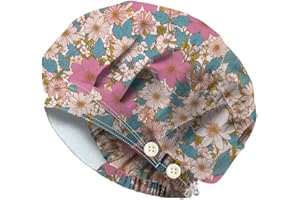 DELORIGIN Line Art Flowers Scrub Caps with 4 Buttons Cotton Nurse Cap Elastic Surgical Hats with Sweatband Chef Bouffant Scrub Cap for Women Men Vet Nurse Cooking Cleaning Head Cover One Size Fits All