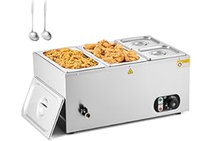 WILPREP Commercial Electric Food Warmer, 18L Large Buffet Server with 4 Pans and Lids for Catering Restaurants Parties, 1500W Stainless Steel Bain Marie with Adjustable Temperature(2* 1/3 &2*1/6 Pans)