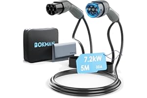 bokman Type 2 EV Charging Cable, Mode 3 / 32A / 7.2KW / 1 Phase / 5 Meter, Electric Vehicle Car Plug-in Hybrid Type 2 to Type 2 Fast Charging Cable