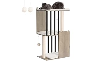 FourFurPets 3-stufiger moderner Kratzbaum, 111 cm hoch, Katzenbaum, mit 2 Voll Sisal Kratzsäulen, 3 Große Plattformen, Greige