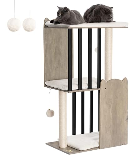 Hey-brother Katzenbaum 168 Cm Aus Holz – Mit Kratzsäulen, Hängematten, Spielzeug & Höhle, Farbe Walnuss, 14,3 Kg