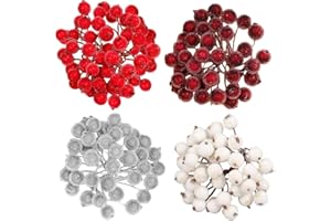 KKSTY 160Pcs Christmas Frosted Berries Mini Artificial Fruit Holly Berry Wired Stems for Christmas Decoration DIY Crafts Garland Wreath Making Supplies Holiday Home Decor