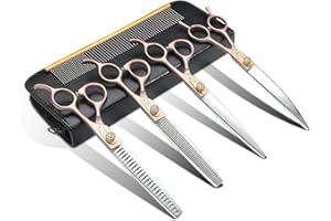 JASON Profi Hundeschere Set 6 in 1 Fellschere für Hunde Set - 7,5 Zoll Gerade/Gebogene/Chunker Ausdünnung Schere mit ergonomischen Griff, Roségold