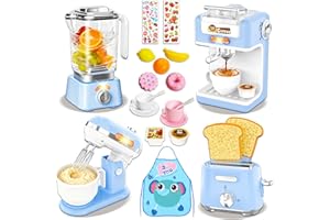 HILKKET Kinderküche Zubehör Set - Inkl. Kinder Kaffeemaschine mit Sound & Lichtern, Mixer, Entsafter, Toaster, Obst, Geschirr und Schürze, Spielküche Zubehör Kinder