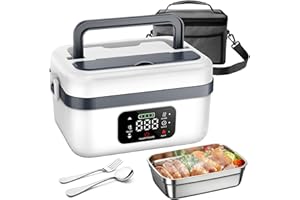 CARZIYER Almuerzo eléctrico con batería, almuerzo caja para adultos de 1,3 L, recargable para almuerzo eléctrico con temporizador y función, carcasa desmontable, cuenco calefactor batería para trabajo (blanco)