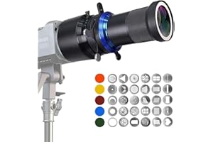 ‎DFCINE Projektor gobo Bowens Mount Snoot Spotlight - kompatybilny z Aputure Amaran 60d Amaran 100X/D 200D/X, 150c/300c, 600x Pro, Godox SL60 itp. 5 filtrów kolorów, 31 gobo (100SLENS-MAX)