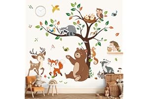 decalmile Stickers Muraux Animaux Forêt Arbre Autocollant Mural Animaux des Bois Ours Renard Cerf Décoration Murale Bébé Pépinière Chambre Enfants