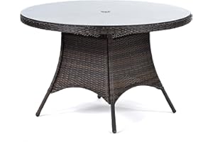 BrackenStyle Ascot 110cm Round 4 Seat Rattan Outdoor Table with Glass Top - 1.1 Metre Diameter Circular Garden Dining Table - Black/Brown Weather Resistant PE Rattan Weave