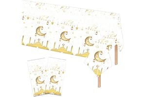 POPOYU 2Pcs Eid Ramadan Mubarak Table Cloth,137*274cm White Gold Eid Moon Party Table Covers,Plastic Waterproof Eid Tablecovers Ramadan Mubarak Tray Tableware for Muslim Eid Moon Party Decorations Supplies