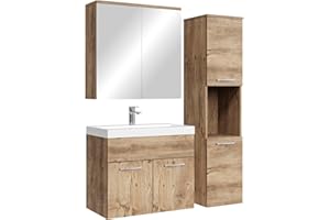 Badplaats Badmöbel Komplettset Montreal 60 x 35 cm Kastanien Eiche - Badezimmermöbel mit Waschbecken, Spiegelschrank und Badezimmerschrank