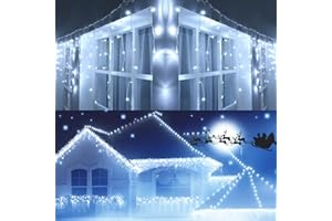 Joomer Luci Natale Esterno Cascata, 12M 400LED Luci Natalizie da Esterno con Timer Funzione, 8 Modalità LED Luci Stringa adattatore per matrimonio Tetto Casa Bar Natalizia Decorazione(Bianco Freddo)