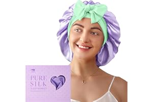 ‎LITBEAR LitBear 100% Maulbeerseide Schlafhaube für Frauen, 6A 22 Momme, Große Doppellagige Seidenhaube mit elastischem Band zum Binden, rutschfeste Seidenturban (Lila und Grün)