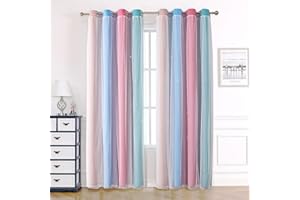 KAHEAUM Blackout Curtains for Living Room Bedroom - 2 Panel 46 x 54 Inch Drop Star Pattern Soundproof Thermal Eyelet Curtains for Winter, Nursery, Baby Girls - White Voile Net for Windows