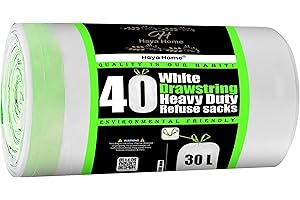 H HAYA HOME Haya Home 30L Litre 40 Drawstring Extra Strong Kitchen Bin Liner Heavy Duty Bin Bags White Plastic Refuse Sacks tie top handle large Waste Dustbin Bags for Kitchen Home Office DIY Garden