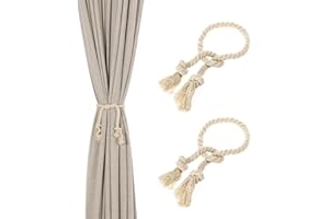 VANKRA 2 corde fermatenda in cotone naturale, lavorate a maglia a mano, con nappe in stile rustico Bianco crema.