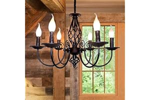 HEYUN Europäischen Land Industrie Vintage Pendelleuchte,Höhenverstellbarer Kerzenleuchter,aus Eisen Einfach Schwarz Metall Kronleuchter für Küche Esszimmer Wohnzimmer,6heads