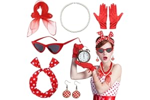 NebulaGlam 50er Jahre Accessoires Damen, 8 Stück Rockabilly Accessoires Damen für Karneval, 1950s Kostüm Set mit Chiffon Schal Handschuhe Sonnenbrille Polka Dot Bandana Ohrringe Halskette