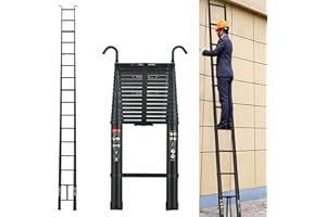 DICN Escalera telescópica Plegable Aluminio de 6.2 m con 2 Ganchos, Portátil Escalera, Escalera de Transporte Multifunción, Escalera Extensible, 15 Niveles, Capacidad de Carga 150 kg/330lbs (Negro)