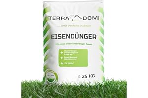 TerraDomi Eisendünger 25kg für ca. 1000m² | Turbo-Dünger abgestimmt auf Rasenflächen mit Moos | Granuliert, streuwagengeeignet und staubfrei