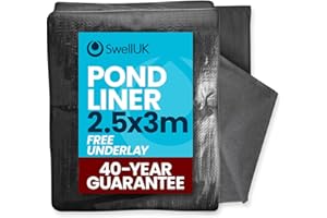 Swell UK 2.5 x 3m Pond Liner and Free Underlay | Ideal for Koi & Fish Pools Fountains and Streams | Flexible & Impermeable for Reinforced Durable Landscaping | Heavy Duty HDPE - 40 Year Guarantee