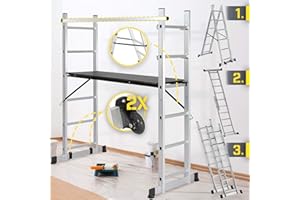 JAGO Timbertech® Scala Ponteggio - Multifunzione 4in1, Trasformabile in Scala a Libro e da Appoggio, Altezza di Piattaforma Regolabile, Portata 150kg, Ruote e Ringhiera, Alluminio