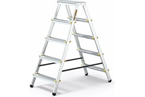 Drabest ESCALERAS Serie Pro Escalera Doméstica de Aluminio de Doble Cara de 2x5 Peldaños 150kg - Escalera de Tijera de Aluminio - Escaleras Multiusos - Escalera de Tijera Plegable - 46x110x16cm