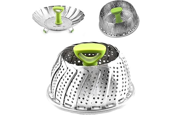 Vastsea Pliable Panier Vapeur, Panier à Vapeur Pliable en Acier, Panier-cuit Vapeur avec Poignée Rétractable en INOX, pour Cuire Légumes et Aliments(Vert)