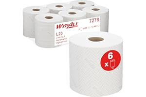 Panno in Carta per la Pulizia e la Manutenzione Wypall L20 7278 - Rotoli a Erogazione Centrale a 2 Veli - 6 Rotoli X 400 Panni in Carta Bianchi (Totale 2.400)