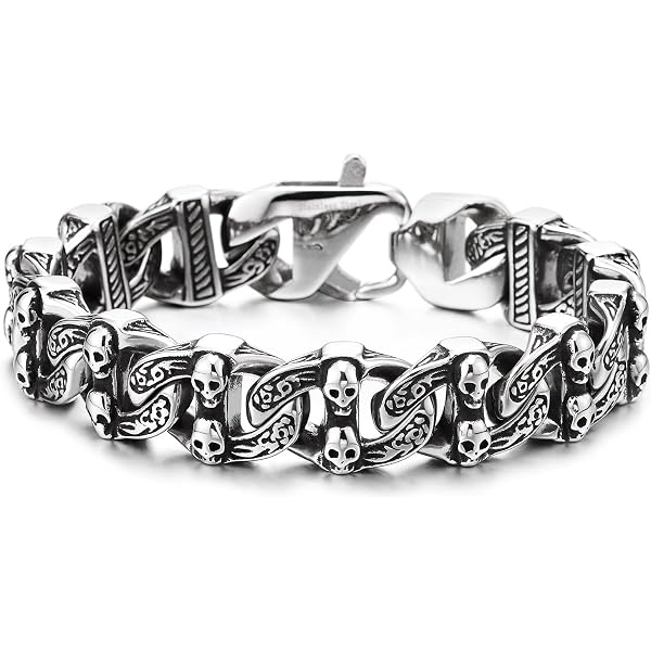 Bracelet Homme Acier Inoxydable Gothique - Crâne Et Mains Squelette, Style Punk Rock, Jonc Ouvert 63 Mm - 13