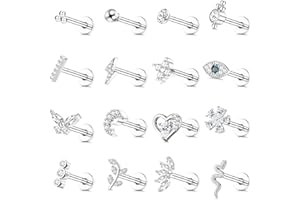 JeweBella 16 szt. 16G chrząstka tragus kolczyki sztyfty dla kobiet mężczyzn stal chirurgiczna gwintowane wewnętrznie CZ księżyc serce złe oko płaski tył nos labret monroe medusa piercing tragus helix