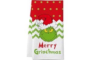 HOMYTHE Funny Christmas Kitchen Towels, Merry Grinchmas Dish Towels, Absorbent Waffle Hand Towels, Cute Holiday Kitchen Bathroom Decorations, Novelty Xmas Gifts for Women Men Coworkers