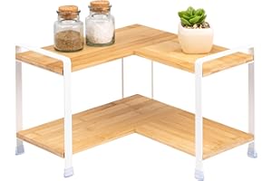 eluno Spice Corner Rack with Bamboo Shelves and Scratch Protection, Freestanding Kitchen Corner Shelf, Versatile, Organiser for More Space and Tidy - Material Combination Bamboo and Metal (White)