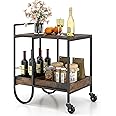 TANGZON Serving Cart, 2-Tier Rolling Drinks Trolley with Removable Wine Rack, Lockable Wheels, Handle & Adjustable Foot Pads, Home Bar Cocktail Alcohol Trolley for Kitchen Dinning Room, Rustic Brown