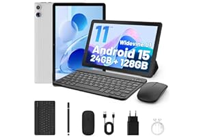 Ainmel Tablet 11 Inch Android 15, 24GB+128GB/1TB Tablet with Pen and Keyboard, Octa-Core, 6800mAh, Widevine L1, WiFi 6, Face Unlock 2 in 1 with Mouse, Case, Charger (White)