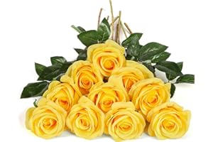 DuHouse 10 rose finte fiori di seta artificiali fiori di rosa finto fiore lunghi steli bouquet per organizzare matrimoni centrotavola festa casa decorazione cucina (giallo puro)