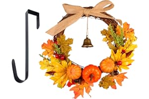 Warmiehomy 30cm Autumn Wreath with Hanger & LED Light, Front Door Fall Halloween Wreath Autumn Decorations with Pumpkins Pine Cones Maple Leaves Bells for Harvest Thanksgiving Christmas