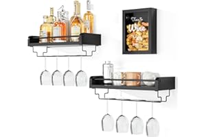 Love-KANKEI Wall Mounted Wine Shelves Set of 2 with Wine Cork Holder, Wooden Wine Rack with Stemware Hanger Wine Glass Holder for Home Bar Kitchen(Black)