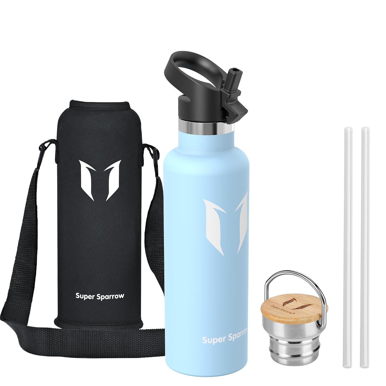 Sparrow Botella Agua Acero Inoxidable 500ml &750ml &1L- Botella con Pajita | Sin BPA & Fugas, Lavavajillas, Deporte, Gimnasio, Oficina, TwistTrail Botella Termica Tapa Pajita,Tapa Asa & Funda